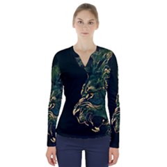 Angry Male Lion V-neck Long Sleeve Top by Mog4mog4