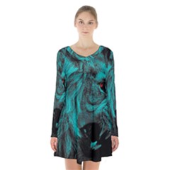 Angry Male Lion Predator Carnivore Long Sleeve Velvet V-neck Dress by Mog4mog4