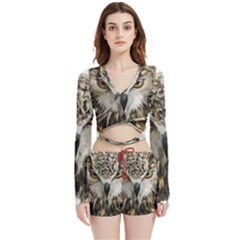 Vector Hand Painted Owl Velvet Wrap Crop Top And Shorts Set by Mog4mog4