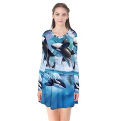 Orca Wave Water Underwater Long Sleeve V-neck Flare Dress by Mog4mog4