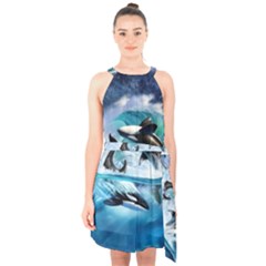 Orca Wave Water Underwater Halter Collar Waist Tie Chiffon Dress by Mog4mog4