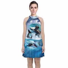Orca Wave Water Underwater Velvet Halter Neckline Dress  by Mog4mog4