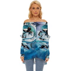 Orca Wave Water Underwater Off Shoulder Chiffon Pocket Shirt by Mog4mog4