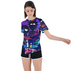 Cartoon Parody In Outer Space Asymmetrical Short Sleeve Sports Tee by Mog4mog4