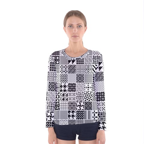 Black And White Geometric Patterns Women s Long Sleeve Tee by Bakwanart
