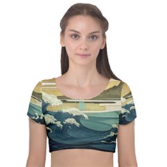 Sea Asia, Waves Japanese Art The Great Wave Off Kanagawa Velvet Short Sleeve Crop Top  by Bakwanart