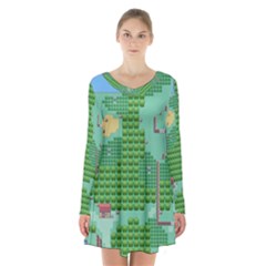 Green Retro Games Pattern Long Sleeve Velvet V-neck Dress by Bakwanart