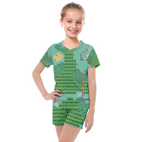 Green Retro Games Pattern Kids  Mesh Tee And Shorts Set by Bakwanart