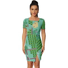 Green Retro Games Pattern Fitted Knot Split End Bodycon Dress by Bakwanart
