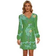 Green Retro Games Pattern Long Sleeve Waist Tie Ruffle Velvet Dress by Bakwanart