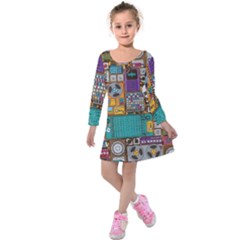 Pattern Design Art Techno Dj Music Retro Music Device Kids  Long Sleeve Velvet Dress by Bakwanart