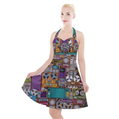 Pattern Design Art Techno Dj Music Retro Music Device Halter Party Swing Dress  by Bakwanart
