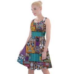 Pattern Design Art Techno Dj Music Retro Music Device Knee Length Skater Dress by Bakwanart
