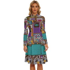 Pattern Design Art Techno Dj Music Retro Music Device Long Sleeve Shirt Collar A-line Dress by Bakwanart
