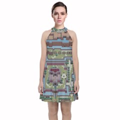Arcade Game Retro Pattern Velvet Halter Neckline Dress  by Bakwanart