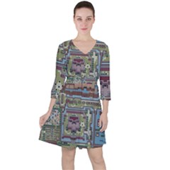 Arcade Game Retro Pattern Quarter Sleeve Ruffle Waist Dress by Bakwanart