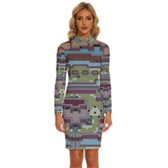 Arcade Game Retro Pattern Long Sleeve Shirt Collar Bodycon Dress by Bakwanart