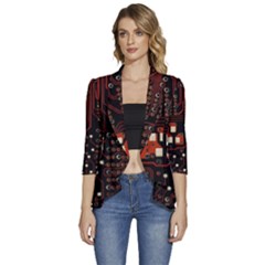 Red Computer Circuit Board Women s 3/4 Sleeve Ruffle Edge Open Front Jacket by Bakwanart
