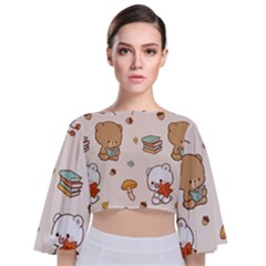 Bear Cartoon Background Pattern Seamless Animal Tie Back Butterfly Sleeve Chiffon Top by 99art