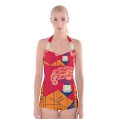 Flowers Abstract Art Painting Boyleg Halter Swimsuit  by 99art