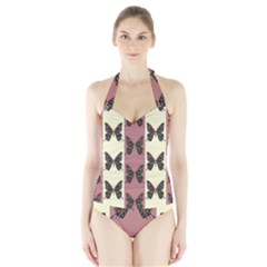 Butterflies Pink Old Ancient Texture Decorative Halter Swimsuit by 99art