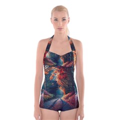 Forest Autumn Fall Painting Boyleg Halter Swimsuit  by 99art