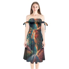 Forest Autumn Fall Painting Shoulder Tie Bardot Midi Dress by 99art