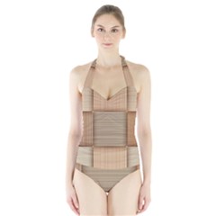 Wooden Wickerwork Texture Square Pattern Halter Swimsuit by 99art