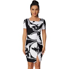 Black And White Deadhead Grateful Dead Steal Your Face Pattern Fitted Knot Split End Bodycon Dress by 99art
