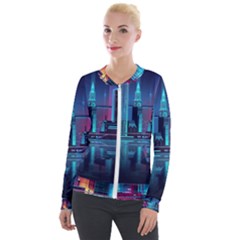 Digital Art Artwork Illustration Vector Buiding City Velvet Zip Up Jacket by 99art