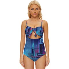 Digital Art Artwork Illustration Vector Buiding City Knot Front One-piece Swimsuit by 99art
