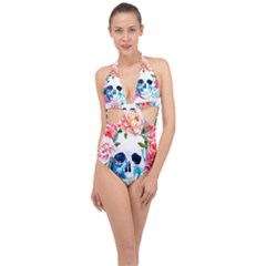 Day Of The Dead Skull Art Halter Front Plunge Swimsuit by 99art