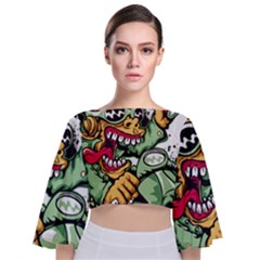 Scooter-motorcycle-graffiti Tie Back Butterfly Sleeve Chiffon Top by 99art