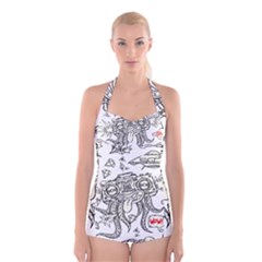 Drawing Clip Art Hand Painted Abstract Creative Space Squid Radio Boyleg Halter Swimsuit  by 99art