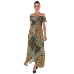 Vintage World Map Travel Geography Off Shoulder Open Front Chiffon Dress by B30l
