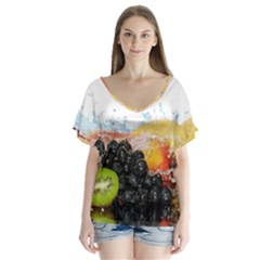 Variety Of Fruit Water Berry Food Splash Kiwi Grape V-neck Flutter Sleeve Top by B30l