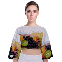 Variety Of Fruit Water Berry Food Splash Kiwi Grape Tie Back Butterfly Sleeve Chiffon Top by B30l