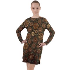 Brown And Green Floral Print Textile Ornament Pattern Texture Long Sleeve Hoodie Dress by danenraven