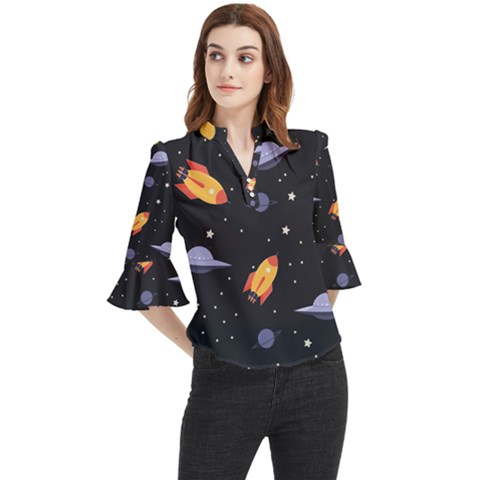 Cosmos Rockets Spaceships Ufos Loose Horn Sleeve Chiffon Blouse by Cowasu