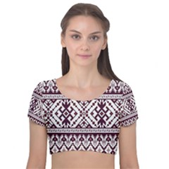 Illustration Ukrainian Folk Seamless Pattern Ornament Velvet Short Sleeve Crop Top  by Cowasu