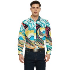 Ai Generated Waves Ocean Sea Tsunami Nautical Blue Sea (2) Men s Long Sleeve Pocket Shirt  by Cowasu