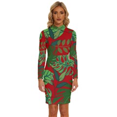 Leaves Leaf Nature Pattern Red Green Long Sleeve Shirt Collar Bodycon Dress by Cowasu