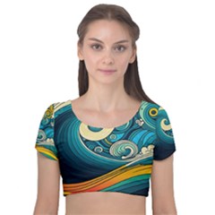 Waves Wave Ocean Sea Abstract Whimsical Abstract Art Velvet Short Sleeve Crop Top  by Cowasu