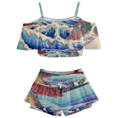 Wave Japanese Mount Fuji Woodblock Print Ocean Kids  Off Shoulder Skirt Bikini