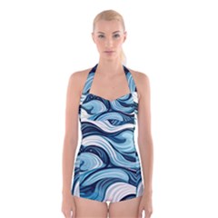 Pattern Ocean Waves Arctic Ocean Blue Nature Sea Boyleg Halter Swimsuit  by danenraven
