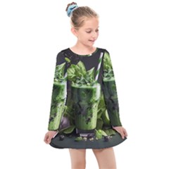 Drink Spinach Smooth Apple Ginger Kids  Long Sleeve Dress by Ndabl3x