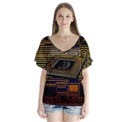 Processor Cpu Board Circuit V-neck Flutter Sleeve Top by Wav3s