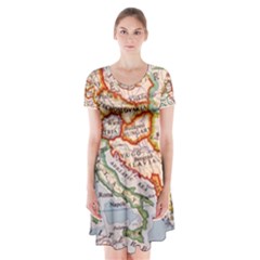 Map Europe Globe Countries States Short Sleeve V-neck Flare Dress by Ndabl3x