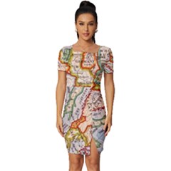 Map Europe Globe Countries States Fitted Knot Split End Bodycon Dress by Ndabl3x