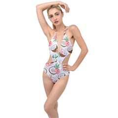 Seamless Pattern Coconut Piece Palm Leaves With Pink Hibiscus Plunging Cut Out Swimsuit by Vaneshart